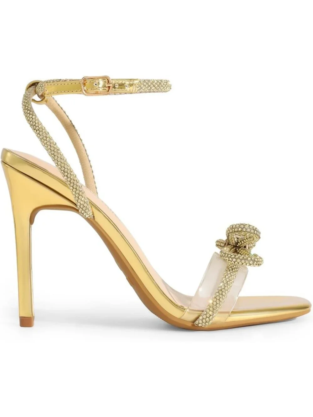 Women's Gold Rhinestone Double Bowknots Crystal Clear Slingback Square Toe Heels